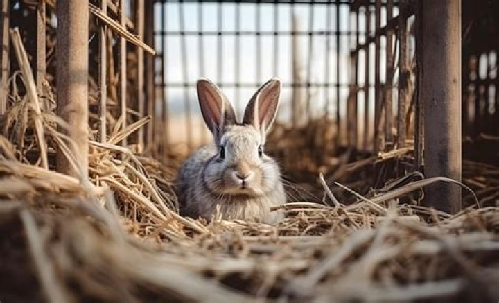 A caged rabbit in Us next to Red