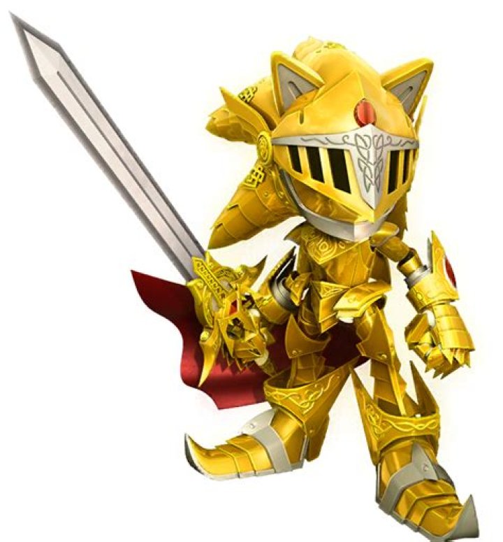 A Sonic in golden armor holds a sword.