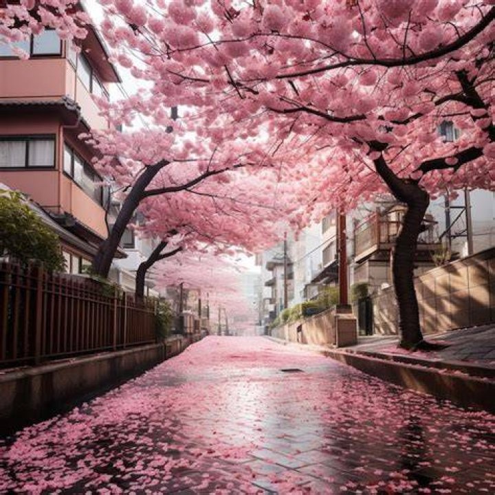 cherry blossoms surrounding city streets