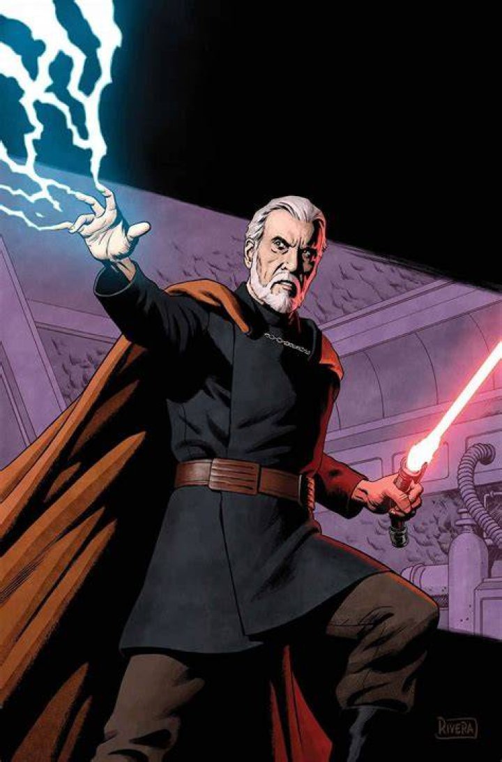 Count Dooku wielding a blue lightsaber on the cover of Dooku: Jedi Lost