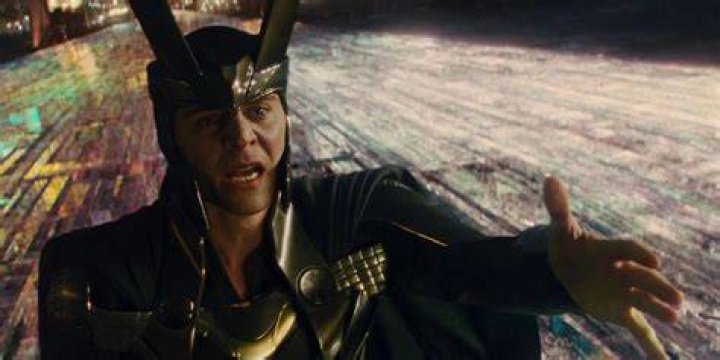 Loki at the Bifrost in his original costume in 2011's Thor