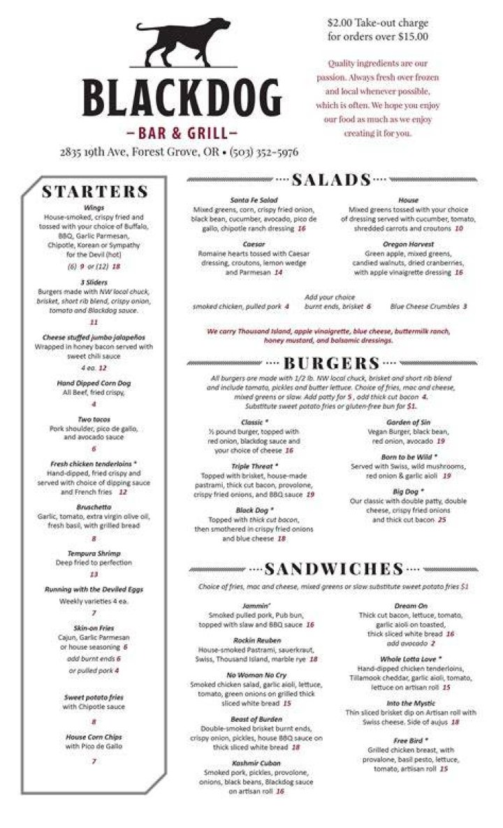 Menu at The Black Dog pub & bar, Dorchester, Black Dog Inn