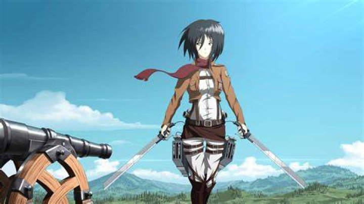 Mikasa from Attack on Titan looking up, surrounded by 3D gear wires