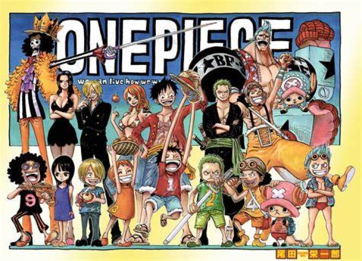 One Piece's Luffy with fist raised emerging from background of characters, objects, and treasures 1