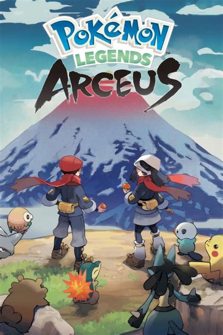 Pok&eacute;mon Legends: Arceus' Hisiuian Qwilfish superimposed over an image of Jubilife Village