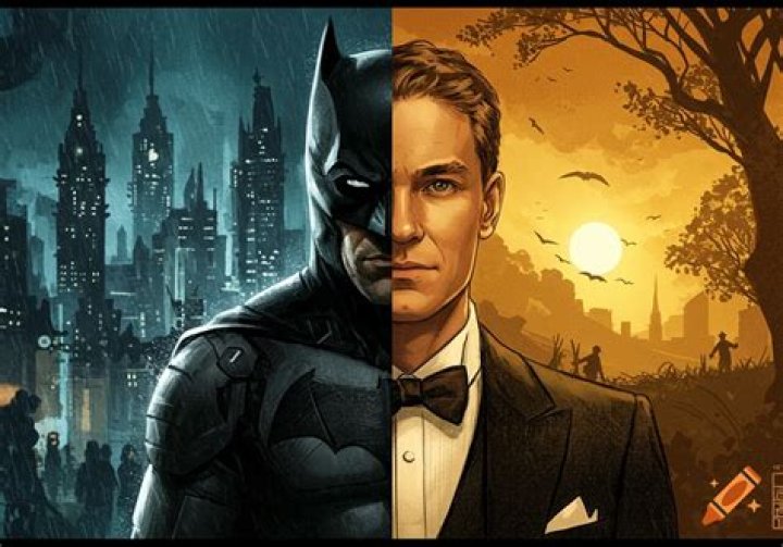 Split image of Bruce Wayne in his lair and Selina Kule and Batman on a rooftop