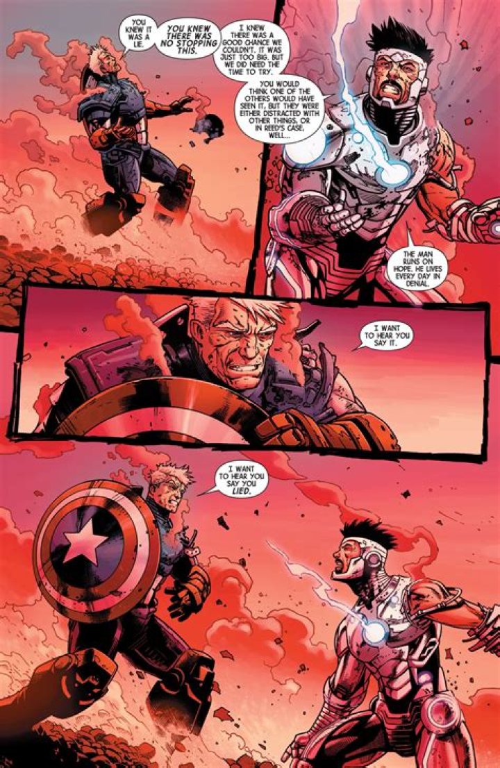 Superior Iron Man fights Captain America in Marvel Comics.