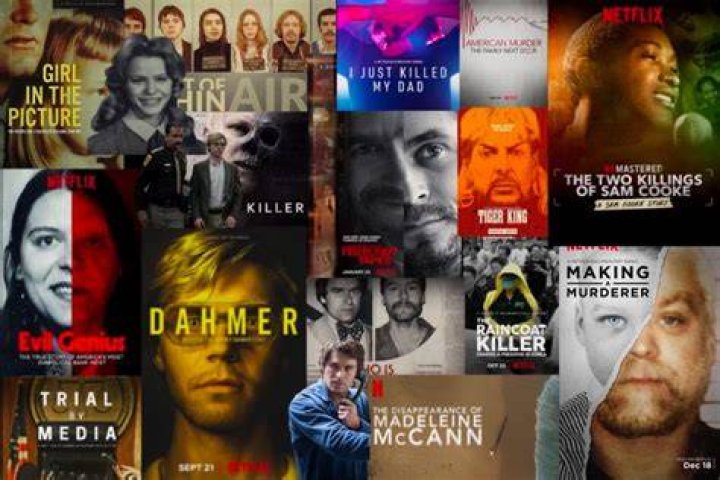 True crime documentary series collage with images from Murder on Middle Beach and Don't F**k with Cats.
